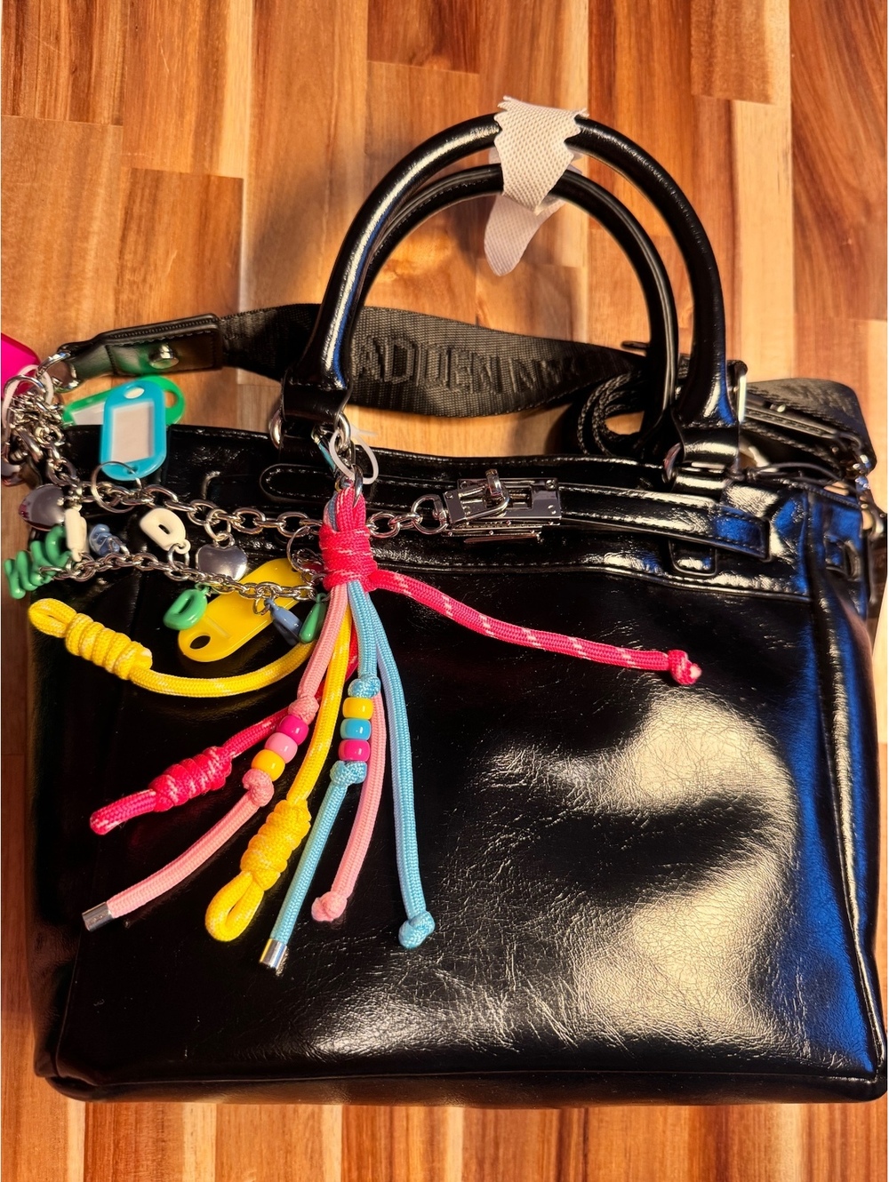 Madden NYC 2360 Black Patent Satchel Crossbody Bag Colorful Charms NWT
